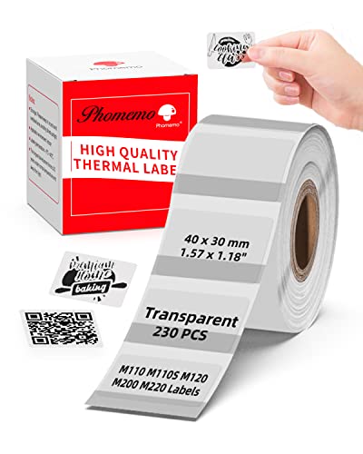 Memoking Thermal Labels - Transparent M110 Thermal Label Paper for M110 M220 M120 M200 Label Printer, 40x30mm (1.57'' X 1.18'') Thermal Sticker Labels Compatible with Phomemo M110 Labels, 230PCS/Roll