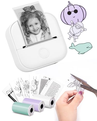 Memoking Draagbare mini-stickerprinter – T02 zakprinter met 3 rollen papier, bluetooth-fotoprinter voor kinderverjaardag, compatibel met telefoon en tablet, wit