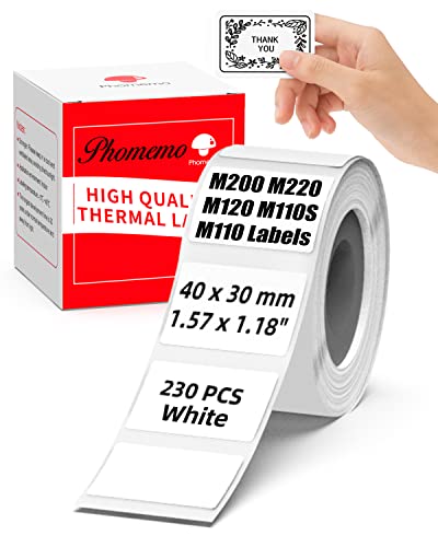 Memoking Thermal Labels -M110 Label Roll (40mm x 30mm) for M110 M220 M120 M200 M221 M110S Label Printer, White Thermal Sticker Labels Compatible with Phomemo M110 Labels, 230PCS/Roll