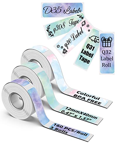 Color Q30S Label Tape - Q30 Labels for Q30 / Q31 / Q32 / Q30S / D35 Label Maker Tape - Starry Sky/12x40mm/0.47x1.57'', Memoking Q30S Labels Compatible with Phomemo D35 Label Tape - 3 Rolls, 160PCS/Roll