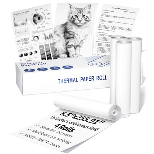 US Letter Continuous Thermal Paper Roll - 8.5''/216mm Letter Paper, Compatible with Phomemo M832 M831 M833 M834 M835 Thermal Printer for Documents Contracts, 255.91''/6.5m Long per Roll (4 Rolls)