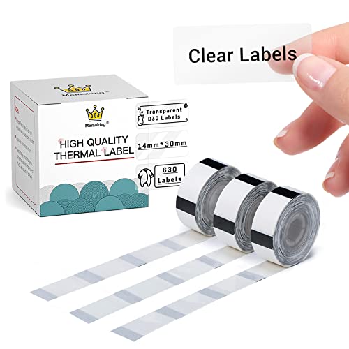 Memoking Label Maker Tape - D30 Transparent Clear Label, Waterproof Thermal Printer Label, 14x30mm/0.55x1.18inch for Name Price Classification, Compatible with /Phomemo D30 Label Maker, 3 Rolls