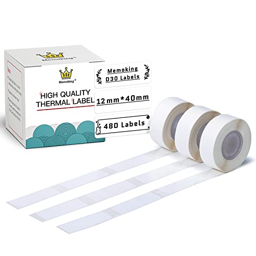 D30 Labels - Pure White Label Thermal Printer Paper Self-Adhesive 12mmx40mm for Name Price Folder Storage, Compatible with Memoking/Phomemo D30 Label Maker, 3 Rolls