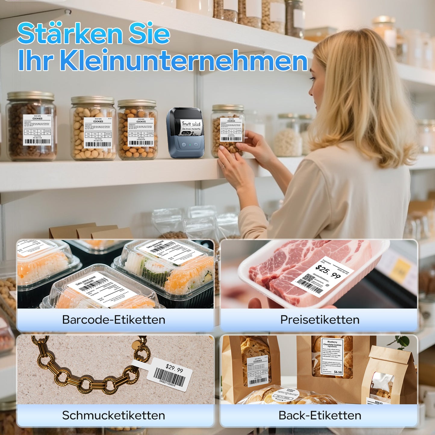 Memoking Etikettendrucker Selbstklebend, Bluetooth Label Printer mit 2000 Symbolen und 300 Vorlagen,Thermo Sticker Labeldrucker für Einzelhandel, kleine Unternehmen, Schule, Heim mit Handys & PC