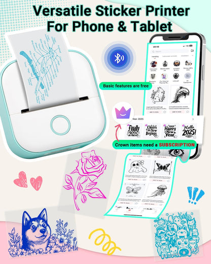 Print Pods Mini Printer - T02 Sticker Printer, Portable Thermal Inkless Label Maker Machine, Pocket Phone Adhesive Labeler for Study Graphic, Anatomical Diagram, Photo, Receipt, Green