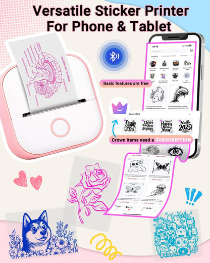 Sticker Printer - T02 Inkless Sticker Maker Machine, Mini Portable Thermal Label Maker, Pocket Memo Receipt Printer for Study Graphics, Anatomical Diagrams, Photos, Pink