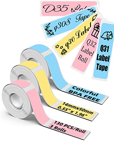 Memoking Color D35 Label Tape - Q30S Labels Tape for Q30 / Q31 / Q32 / Q30S / D35 Label Maker Tape - Yellow/Pink/Blue/14x50mm - Q30S Labels Compatible with Phomemo D35 Labels - 3 Rolls,130 Labels/Roll