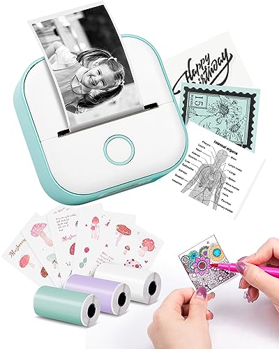 Memoking Mini Label Makers T02 Portable Small Printer with 3 Rolls Paper, Sticker Printer Machine for Study, Notes, Pictures, Photos, Journals, DIY, Compatible with Phone & Tablet, Green
