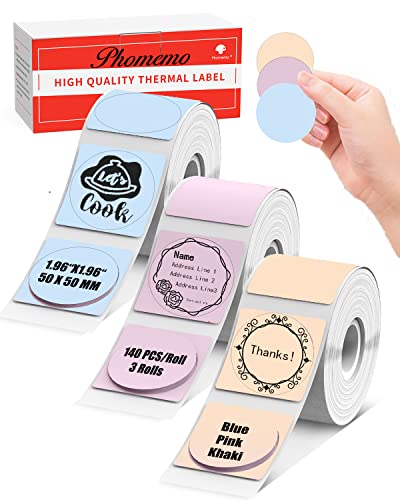Memoking M110 Label Round M220 Labels for M220 M200 M221 M120 M110S M110 Printer Labels - Pink/Blue/Khaki,1.96'', M200 Labels Circle Compatible with Phomemo M110 Labels Roll Round - 140pcs/Roll, 3Rolls