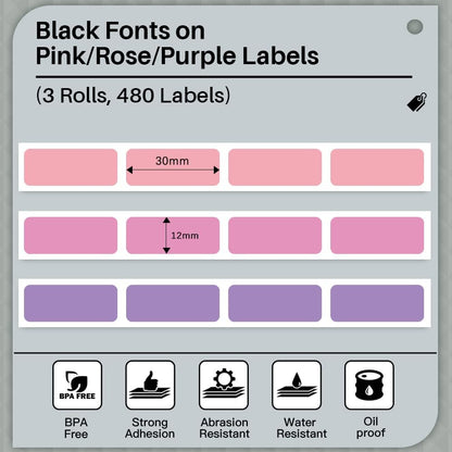 D30 Label Maker Tape - Compatible with Memoking/Phomemo D30 Label Printer Machine, 12x30mm Waterproof Thermal Printer Labels, Purple/Rose Red/Pink Sticker Machine Label, 3 Rolls