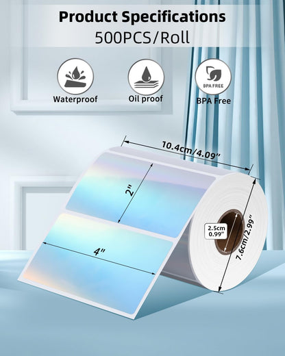 Memoking Thermal Labels, 4" * 2" Holographic Silver Self-Adhesive Sticker Label, Square Direct Thermal Label for Thanks Card, Logo, Name, Price, Address, QR Code, 500 Labels