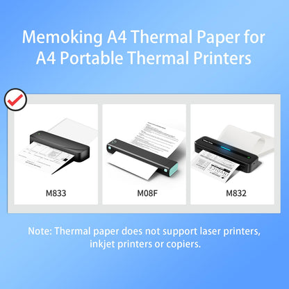 Lot de 100 Feuilles de Papier Thermique A4 pour 210 x 297 mm Compatible avec Phomemo M832/M833/M834/M835/M08F imprimante mobile, à séchage rapide pour contrat, photos, dessins, devoirs