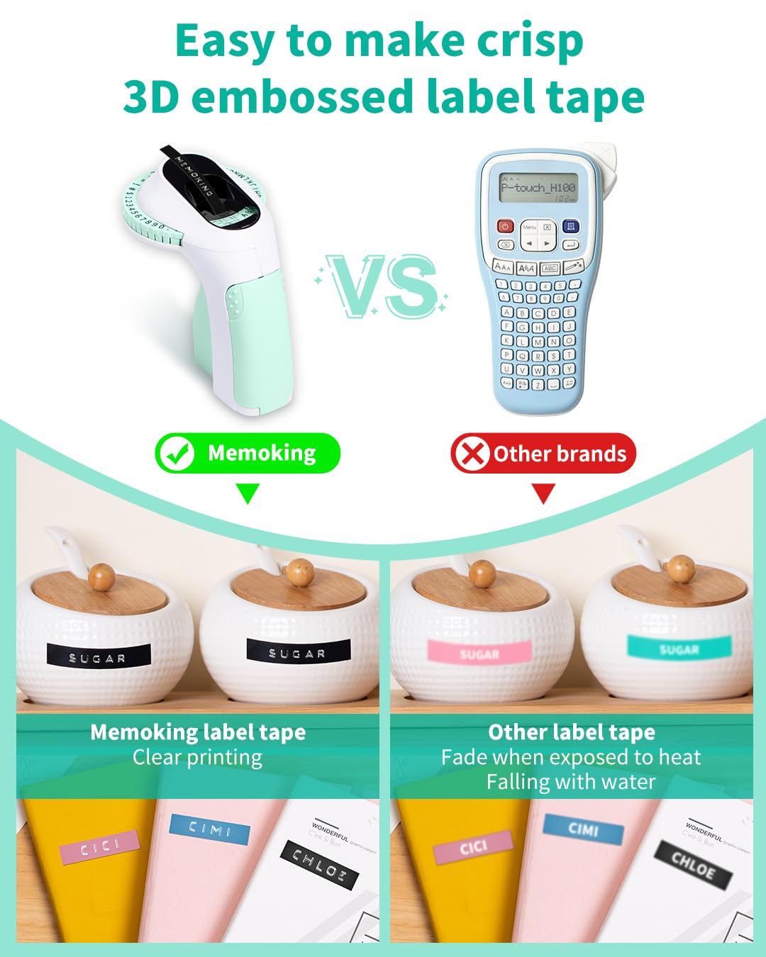 Memoking Embossed Label Maker Machine-E975 3D Label Maker Machine with 6 Rolls of 3/8''(9mm) Label, Handheld Embosser Labelling Machine, Lettering Embossing Label Maker for Home, Office and DIY (Green)