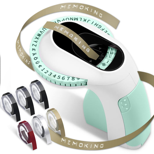 Memoking Etiqueteuse Etiqueteuse 3D E975 avec 6 Rouleaux d'étiquettes à gaufrer, étiqueteuse Manuelle avec gaufrage, étiqueteuse Portable pour l'organisation, Le Bricolage (£/€, Ä, Ö, Ü)