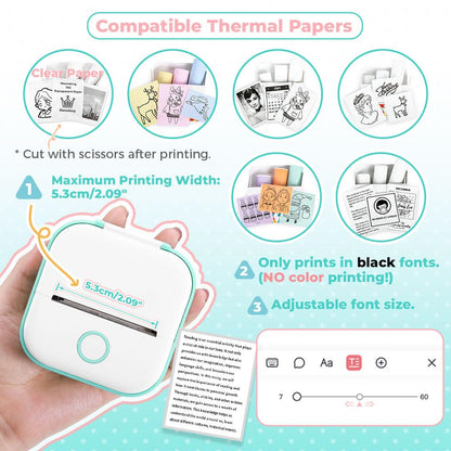 Memoking Mini Pocket Printer - T02 203dpi Bluetooth Thermal Printer, Portable Phone Printer for Children, Compatible with Phones&Tablets, Green
