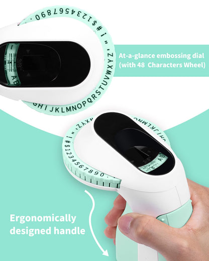 Memoking Embossed Label Maker Machine-E975 3D Label Maker Machine with 6 Rolls of 3/8''(9mm) Label, Handheld Embosser Labelling Machine, Lettering Embossing Label Maker for Home, Office and DIY (Green)