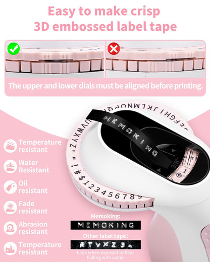 Memoking Embossing Label Maker Machine-E975 3D Embossed Label Maker with 6 Rolls Emboss Tapes, Handheld Embosser Labelling Machine, Lettering Label Maker Embossing for Home, Office and DIY (Pink)