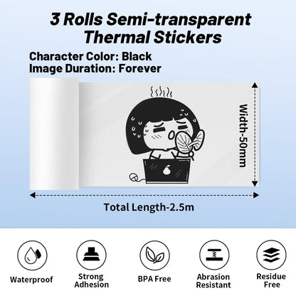 Memoking M02 Semi-Transparent Thermal Sticker Paper, Compatible with M02 M02S M02PRO M03 Mini Printer, Compatible with Phomemo Printer Paper M02 Sticker, 50mmx3.5m/Roll, 3Rolls