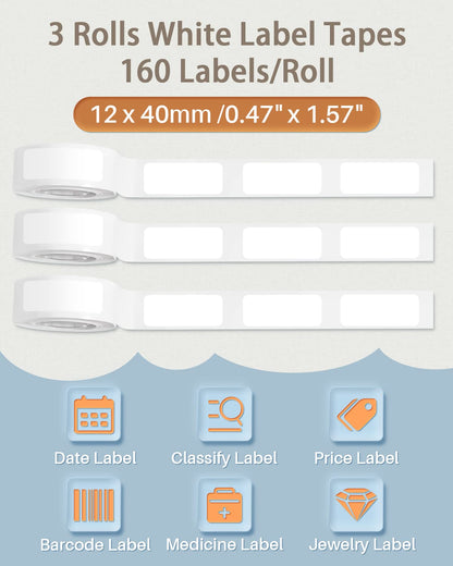 D30 Labels - Compatible with Phomemo D30 /D30S / Q30S / D35 Labels Maker Machine-0.47''x1.57''(12x40mm) - D30 Labels Tape for Home & Office Use - 3 Rolls,160 Labels/Roll,White