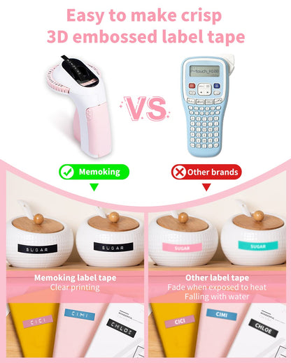 Memoking Embossing Label Maker Machine-E975 3D Embossed Label Maker with 6 Rolls Emboss Tapes, Handheld Embosser Labelling Machine, Lettering Label Maker Embossing for Home, Office and DIY (Pink)