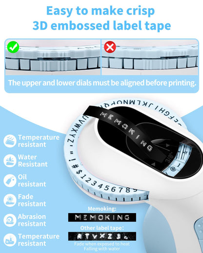 Memoking Embossing Label Maker with 6 Rolls of 3/8'' (9mm) Emboss Tapes-E975 3D Embossed Label Maker Machine, Handheld Label Embossing Machine, Vintage Label Maker for Home, Office and DIY (Blue)