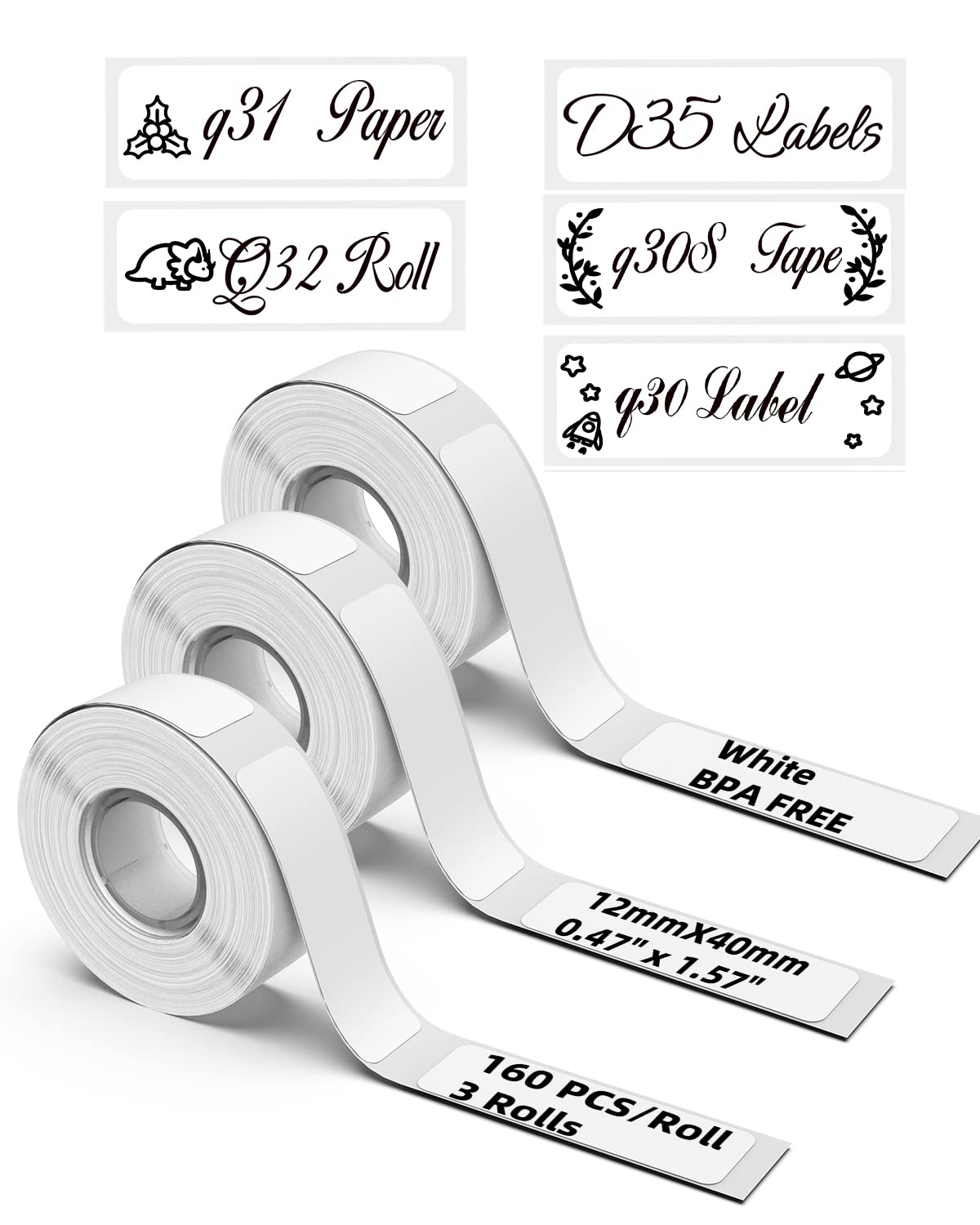 D30 Labels - Compatible with Phomemo D30 /D30S / Q30S / D35 Labels Maker Machine-0.47''x1.57''(12x40mm) - D30 Labels Tape for Home & Office Use - 3 Rolls,160 Labels/Roll,White