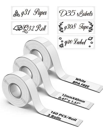 D30 Labels - Compatible with Phomemo D30 /D30S / Q30S / D35 Labels Maker Machine-0.47''x1.57''(12x40mm) - D30 Labels Tape for Home & Office Use - 3 Rolls,160 Labels/Roll,White