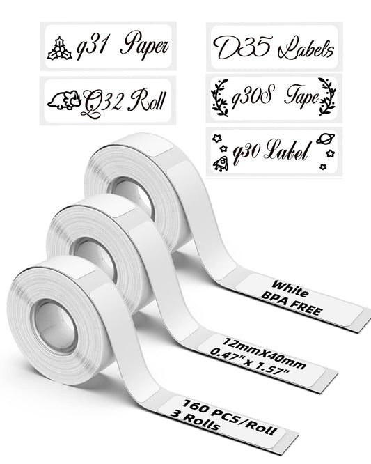 D30 Labels - Compatible with Phomemo D30 /D30S / Q30S / D35 Labels Maker Machine-0.47''x1.57''(12x40mm) - D30 Labels Tape for Home & Office Use - 3 Rolls,160 Labels/Roll,White