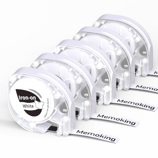Compatible with Dymo LetraTag LT-100H 200B Refills, Iron-on Label Tape Original, Washable Labels on Fabric for Memoking P12 Pro Label Maker, 12mm x 2m, Black on White, 5 Pack, for Clothing Name tag