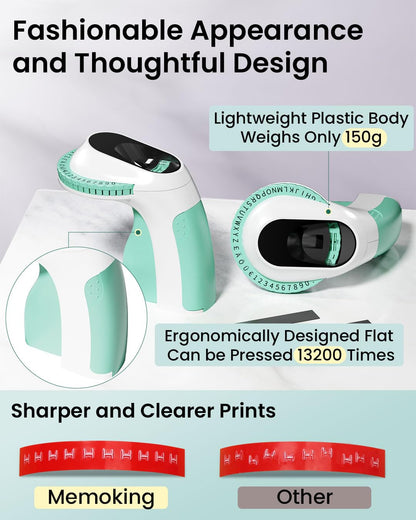 Memoking Embossing Label Maker Machine-E975 3D Label Maker Machine with 6 Rolls of 3/8''(9mm) Label, Handheld Embossing Label Maker, Lettering Embossed Label Maker for Home, Office and DIY (Green)