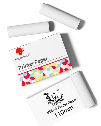 Memoking 110MM Adhesive White Thermal Sticker Paper for M04AS Printer, Compatible with Memoqueen Phomemo M04AS/M04S Printer, HD M04S Printer Paper for Document,Notes, List, 3 Rolls