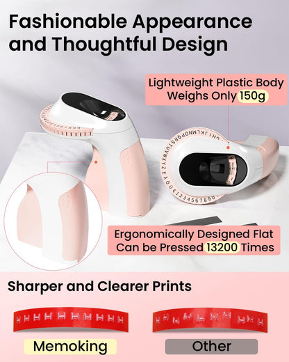 Memoking Embossed Label Maker Machine-E975 3D Embossing Label Makers with 6 Rolls Label Emboss, Handheld Vintage Embosser, Lettering Embossing Label Maker for Home, Kitchen, Gift, Organization (Pink)
