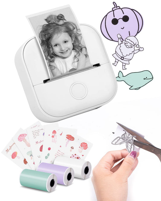 Memoking T02 ミニプリンター サーマルプリンター スマホプリンター メモプリンター 感熱プリンター 手帳プリンター 勉強用 プリンター 203dpi スマホ専用 モノクロ 感熱式 フォトプリンター 充電でき ギフト プレゼント葉書 写真 メモ 手帳 リスト 予定表 53mm幅 自宅学習 プレゼント 携帯プリンター フォメモ カラーロール紙３個付 ホワイト