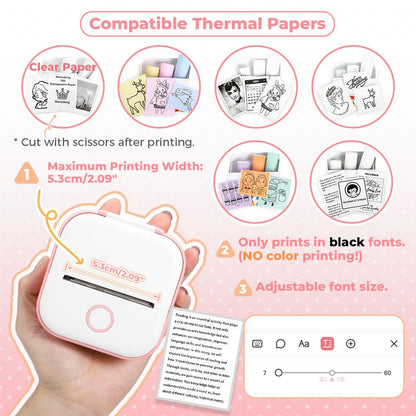 Portable Printer - T02 Mini Thermal Sticker Printer, Bluetooth Wireless Phone Photo Printer, Small Instant Pocket Printer, for Children DIY, Receipts, Come with Sample Paper, Pink