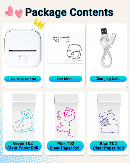 Memoking T02 Sticker Printer - Print Pods Mini Printer Portable Thermal Inkless Label Maker Pocket Phone Labeling Machine for Study Graphic, Anatomical Diagram, Receipts, Photo, White