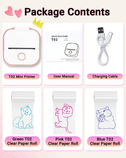 Sticker Printer - T02 Inkless Sticker Maker Machine, Mini Portable Thermal Label Maker, Pocket Memo Receipt Printer for Study Graphics, Anatomical Diagrams, Photos, Pink