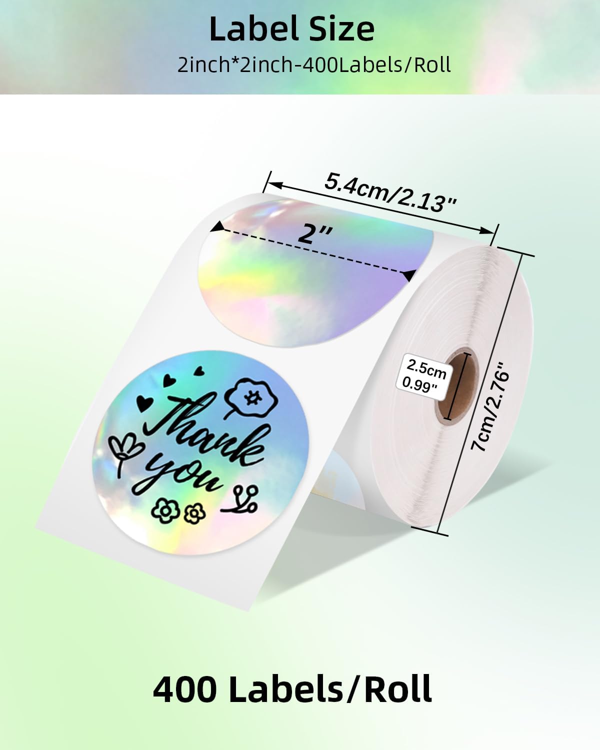 Memoking 2” Holographic Silver Circle Thermal Label, Self-Adhesive Round Label, Circular Direct Thermal Printer Label for Logo Design, Name/Price Tag, Thanks Card,Address, QR Code, 400 Labels/Roll