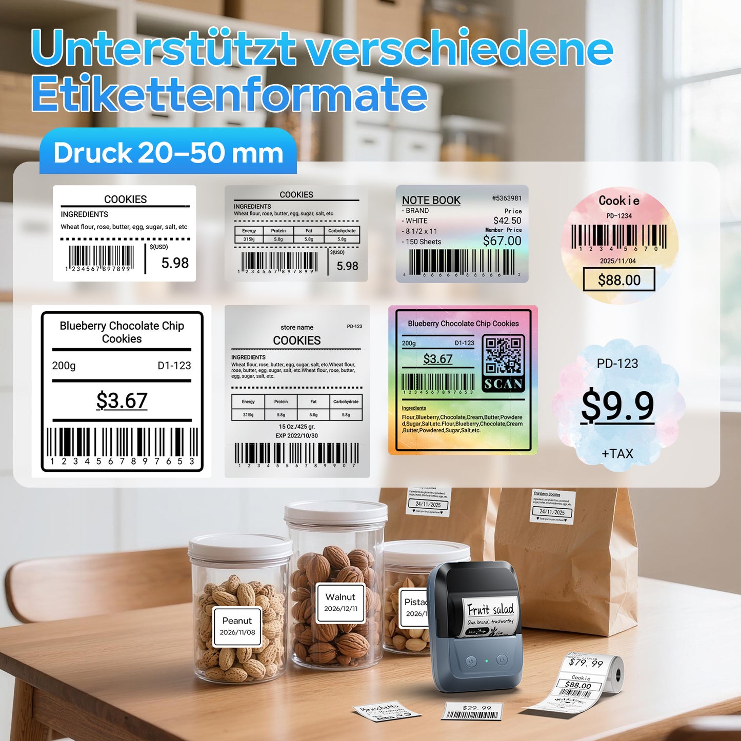 Memoking Etikettendrucker Selbstklebend, Bluetooth Label Printer mit 2000 Symbolen und 300 Vorlagen,Thermo Sticker Labeldrucker für Einzelhandel, kleine Unternehmen, Schule, Heim mit Handys & PC