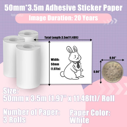 Memoking White Adhesive Thermal Sticker Paper, for M02 M02Pro M02S M03 M04S M04AS Mini Printer, 50mm x 3.5m/Roll, Diameter 30mm, 3 Rolls, Compatible with Phomemo Printer Paper, Keep for 20 Years