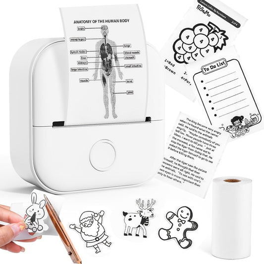Memoking T02 ミニプリンター サーマルプリンター 感熱プリンター 携帯プリンター 手帳プリンター スマホプリンター メモプリンター 勉強用 プリンター 203dpi スマホ専用 モノクロ 感熱式 フォトプリンター 充電でき ギフト プレゼント葉書 写真 メモ 手帳 リスト 予定表 53mm幅 ロール紙1個付 自宅学習 プレゼント フォメモ ホワイト