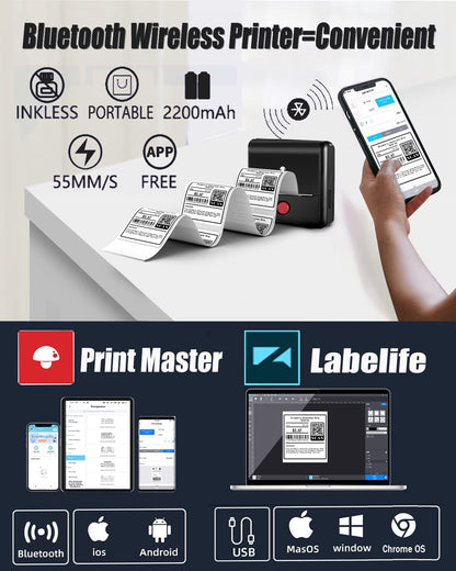 Portable Label Maker 1Roll - 3'' Bluetooth Thermal Label Printer for Labeling Products - M200 Barcode Printer and Scanner for Phone&Pad&PC, Wireless Label Makers for Labels/Photo/Logo
