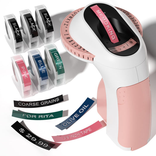Memoking Embossed Label Maker Machine-E975 3D Embossing Label Makers with 6 Rolls Label Emboss, Handheld Vintage Embosser, Lettering Label Maker Embossing for Home, Kitchen, Gift, Organization (Pink)