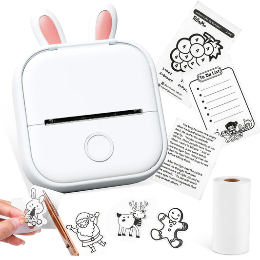 Mini Printer - T02 Bluetooth Inkless Instant Photo Printer, Small Thermal Pocket Sticker Printer, Portable Mobile Phone Picture Printer, for Students, Gift, Receipts, White (Bunny Case Not Included)