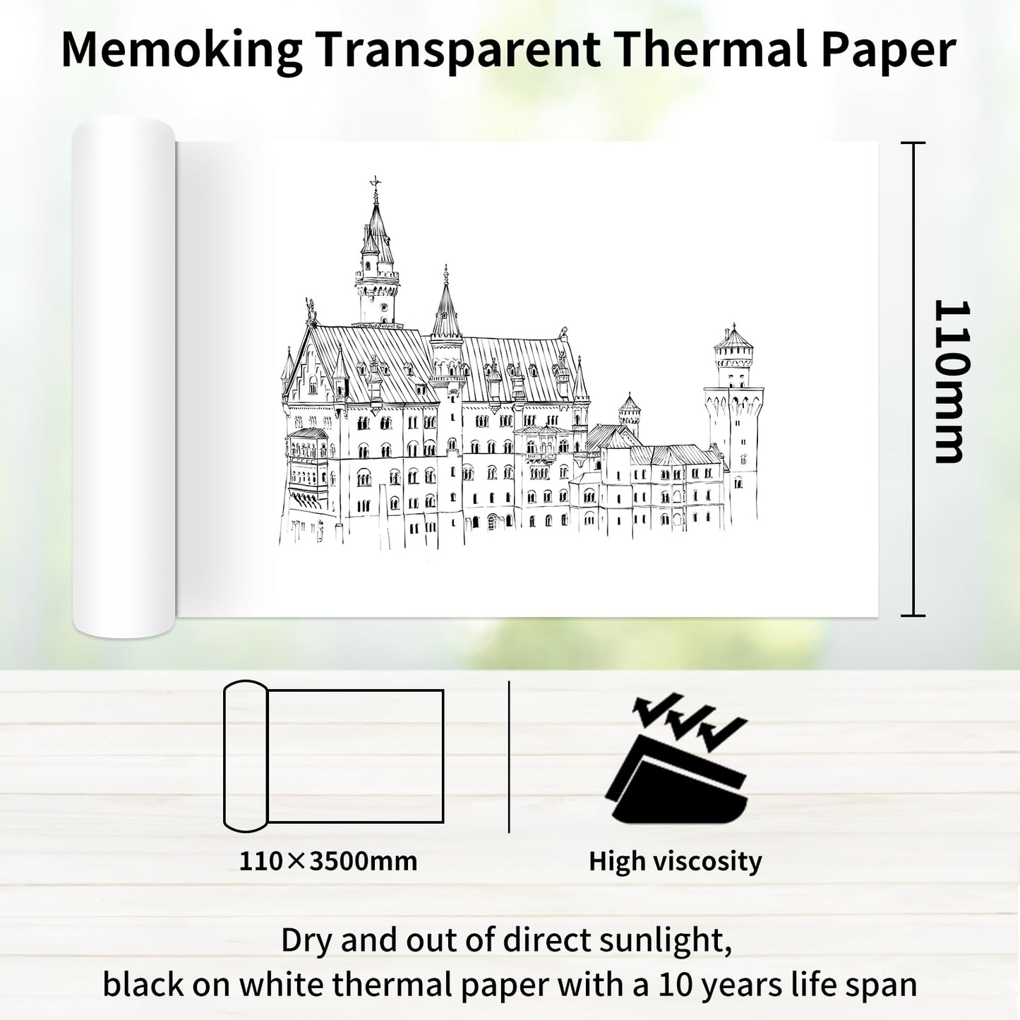 Biały samoprzylepny papier termiczny 107 mm x 3500 mm, kompatybilny z drukarką Phomemo M03/M03S/M03A/M03AS/M04AS, odporny na olej i wodę, biały papier termiczny, trwałość 2 lata, 3 rolki