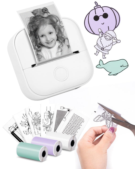 Memoking Mini Portable Sticker Printer - T02 Pocket Printer with 3 Rolls Paper, Bluetooth Picture Receipt Printers for Children Birthday, Compatible with Phone & Tablet, White
