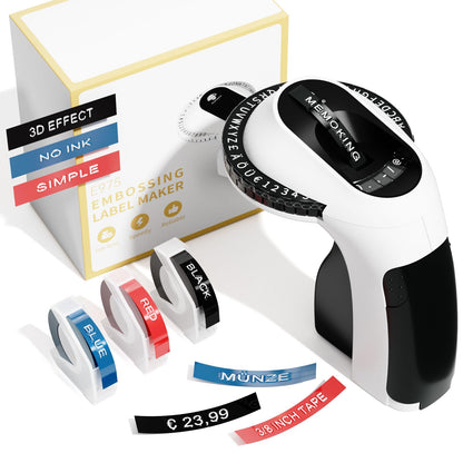Memoking Embossing Label Maker Machine E975 3D-reliëfapparaat, etiketten met 3 rollen reliëf, draagbare labelprinter met reliëf, draagbare labelprinter voor organisatie, doe-het-zelf