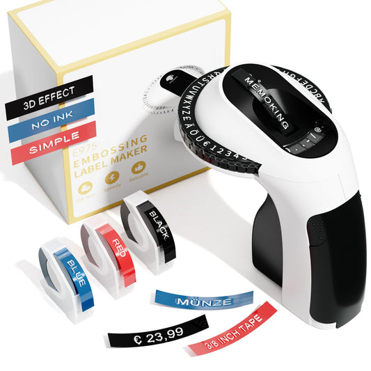 Memoking Embossing Label Maker Machine E975 3D-reliëfapparaat, etiketten met 3 rollen reliëf, draagbare labelprinter met reliëf, draagbare labelprinter voor organisatie, doe-het-zelf