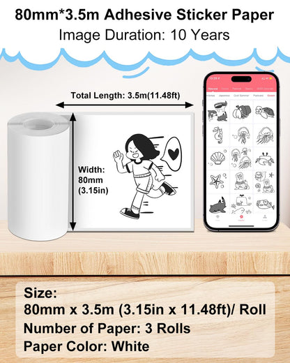 HD 80MM White Sticker Paper for M03 M03AS M04 Printer Paper, Black on White Thermal Paper, Memoking M03AS Paper Compatible with Phomemo Printer Paper M03-80mmx3.5m/Roll, 3 Rolls