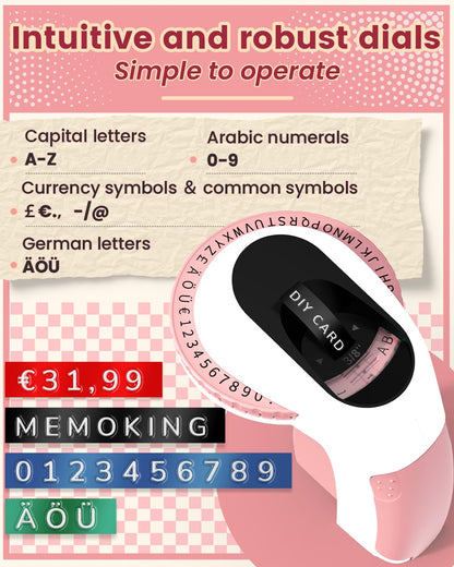 Memoking Embossed Label Maker Machine-E975 3D Embossing Label Makers with 6 Rolls Label Emboss, Handheld Vintage Embosser, Lettering Label Maker Embossing for Home, Kitchen, Gift, Organization (Pink)
