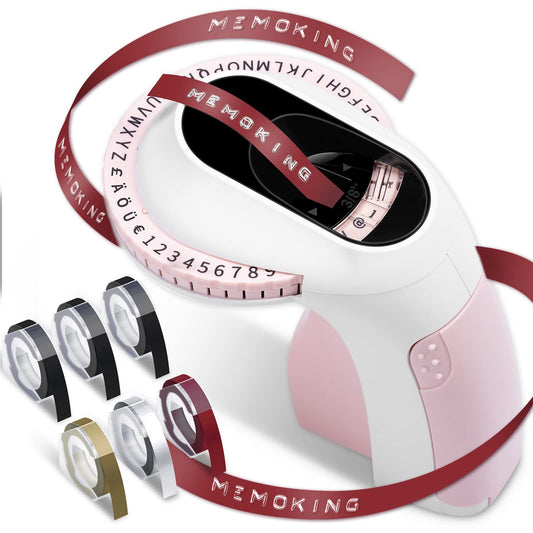 Memoking Etiqueteuse de Gaufrage avec 6 Rubans d'étiquettes,E975 3D Etiqueteuse Manuelle, Machine Etiquette Autocollantes pour la Maison, Le Bricolage et Les travaux manuels (£/€, Ä, Ö, Ü) Rose